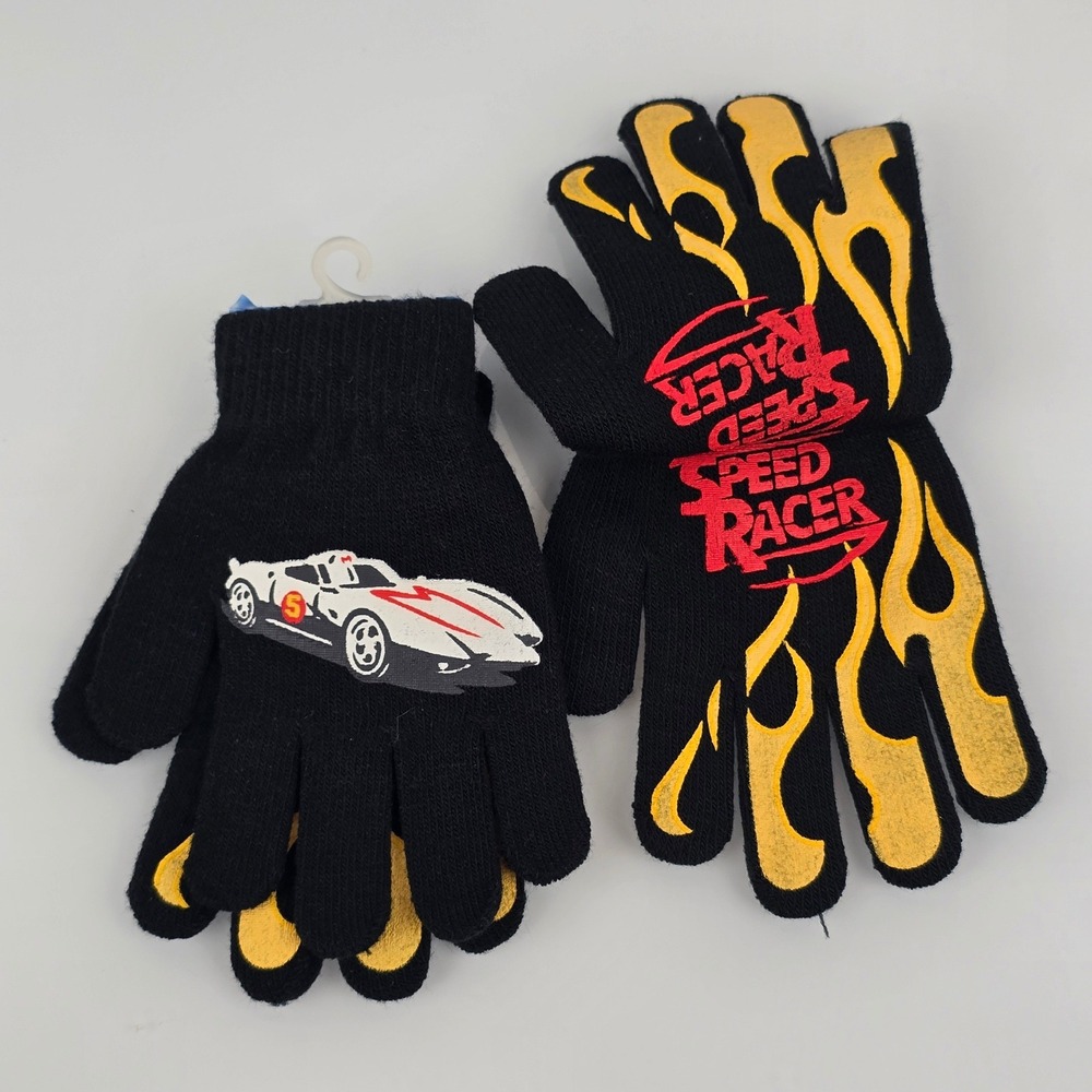 Speed Racer Kid Small Adult Knit Stretch Gloves Mach 5 Race Car Flame Black VTG